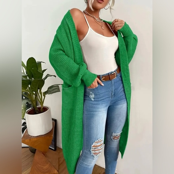 Green Duster Cardigan Front Pockets Cable Knit Long Sleeve Midi Length Last One! - Picture 6 of 6
